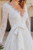 Ivory A Line Lace Midi Boho Wedding Dress with Sleeves