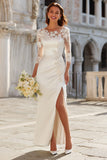 Ivory Sheath Appliqued Maxi Wedding Dress with Slit
