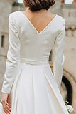 Ivory A Line Boat Neck Long Engagement Dress with Sleeves