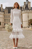 Ivory High Neck Lace Ruffled Midi Engagement Dress with Sleeves