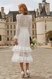 Ivory High Neck Lace Ruffled Midi Engagement Dress with Sleeves