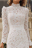 Ivory High Neck Lace Ruffled Midi Engagement Dress with Sleeves