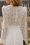 Ivory High Neck Lace Ruffled Midi Engagement Dress with Sleeves