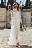 Ivory High Neck Lace Floor Length Wedding Dress with Sleeves