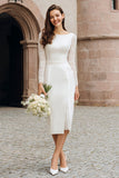 Ivory Boat Neck Bodycon Midi Wedding Reception Dress with Lace