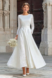 Ivory Boat Neck A Line Long Sleeves Engagement Dress with Pockets
