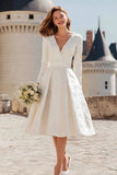Simple Ivory V-Neck A Line Midi Engagement Dress with Sleeves