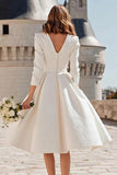 Simple Ivory V-Neck A Line Midi Engagement Dress with Sleeves