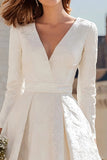 Simple Ivory V-Neck A Line Midi Engagement Dress with Sleeves