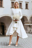 Ivory Round Neck A Line High-Low Wedding Dress with Sleeves