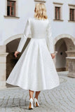 Ivory Round Neck A Line High-Low Wedding Dress with Sleeves