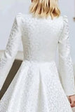 Ivory Round Neck A Line High-Low Wedding Dress with Sleeves