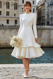 Ivory Long Sleeves A Line Midi Bridal Dress with Ruffles
