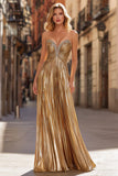 Sparkly Gold Beaded Strapless Long Pleated Prom Dress