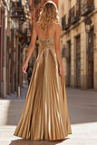Sparkly Gold Beaded Strapless Long Pleated Prom Dress