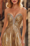 Sparkly Gold Beaded Strapless Long Pleated Prom Dress