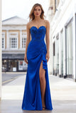 Royal Blue Strapless Long Appliqued Prom Dress with Slit