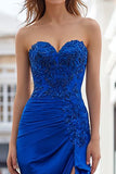 Royal Blue Strapless Long Appliqued Prom Dress with Slit