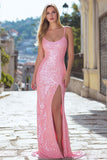 Sparkly Pink Mermaid Sequin Long Prom Dress with Slit