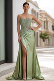 Sage Green Appliqued Satin Strapless Long Prom Dress with Slit