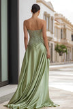 Sage Green Appliqued Satin Strapless Long Prom Dress with Slit