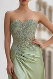 Sage Green Appliqued Satin Strapless Long Prom Dress with Slit