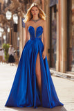 Sparkly Royal Blue Strapless Long Beaded Prom Dress with Slit
