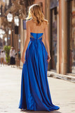 Sparkly Royal Blue Strapless Long Beaded Prom Dress with Slit