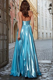 Sparkly Metallic Light Blue Strapless Long Prom Dress with Slit