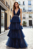 Sparkly Navy Beaded Tulle Ruffled Long Prom Dress