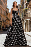 Black and White Satin Polka Dots Long Prom Dress