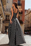Black and White Satin Polka Dots Long Prom Dress