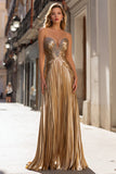 Sparkly Gold Pleated Metallic Strapless Long Prom Dress
