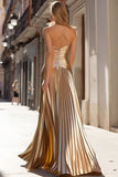 Sparkly Gold Pleated Metallic Strapless Long Prom Dress