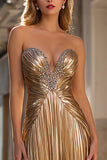 Sparkly Gold Pleated Metallic Strapless Long Prom Dress
