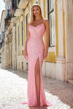 Sparkly Pink Mermaid Sequin Long Prom Dress with Slit