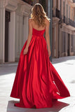 Sparkly Red Beaded Satin Strapless Maxi Prom Dress with Slit