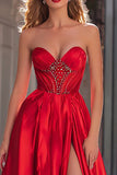 Sparkly Red Beaded Satin Strapless Maxi Prom Dress with Slit