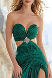 Dark Green Cut Out Satin Strapless Long Prom Dress with Slit