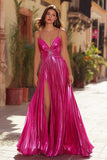 Sparkly Fuchsia Pleated Metallic Spaghetti Straps Long Prom Dress with Slit