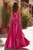 Sparkly Fuchsia Pleated Metallic Spaghetti Straps Long Prom Dress with Slit