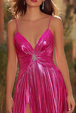 Sparkly Fuchsia Pleated Metallic Spaghetti Straps Long Prom Dress with Slit