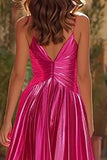 Sparkly Fuchsia Pleated Metallic Spaghetti Straps Long Prom Dress with Slit