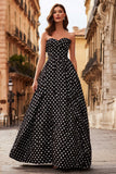 Black and White Polka Dots A Line Strapless Long Prom Dress