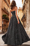 Black and White Polka Dots A Line Strapless Long Prom Dress