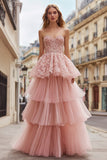 Pink Tulle Ruffled Strapless Maxi Prom Dress with Lace
