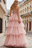 Pink Tulle Ruffled Strapless Maxi Prom Dress with Lace