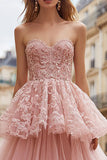 Pink Tulle Ruffled Strapless Maxi Prom Dress with Lace