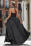 Black and White Polka Dots Halter Long Corset Prom Dress with Lace