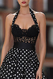 Black and White Polka Dots Halter Long Corset Prom Dress with Lace